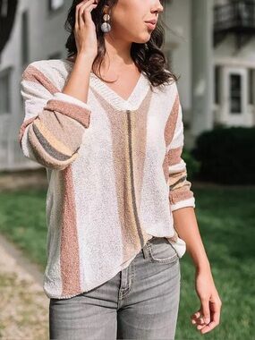 Stylish V-Neck Sweater with Stripes
